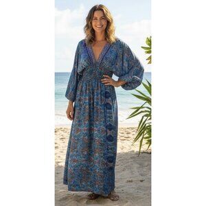 ADDICTIVE Silk Blend V Neck Smocked Paisley Boho Maxi Dress Balloon Sleeve